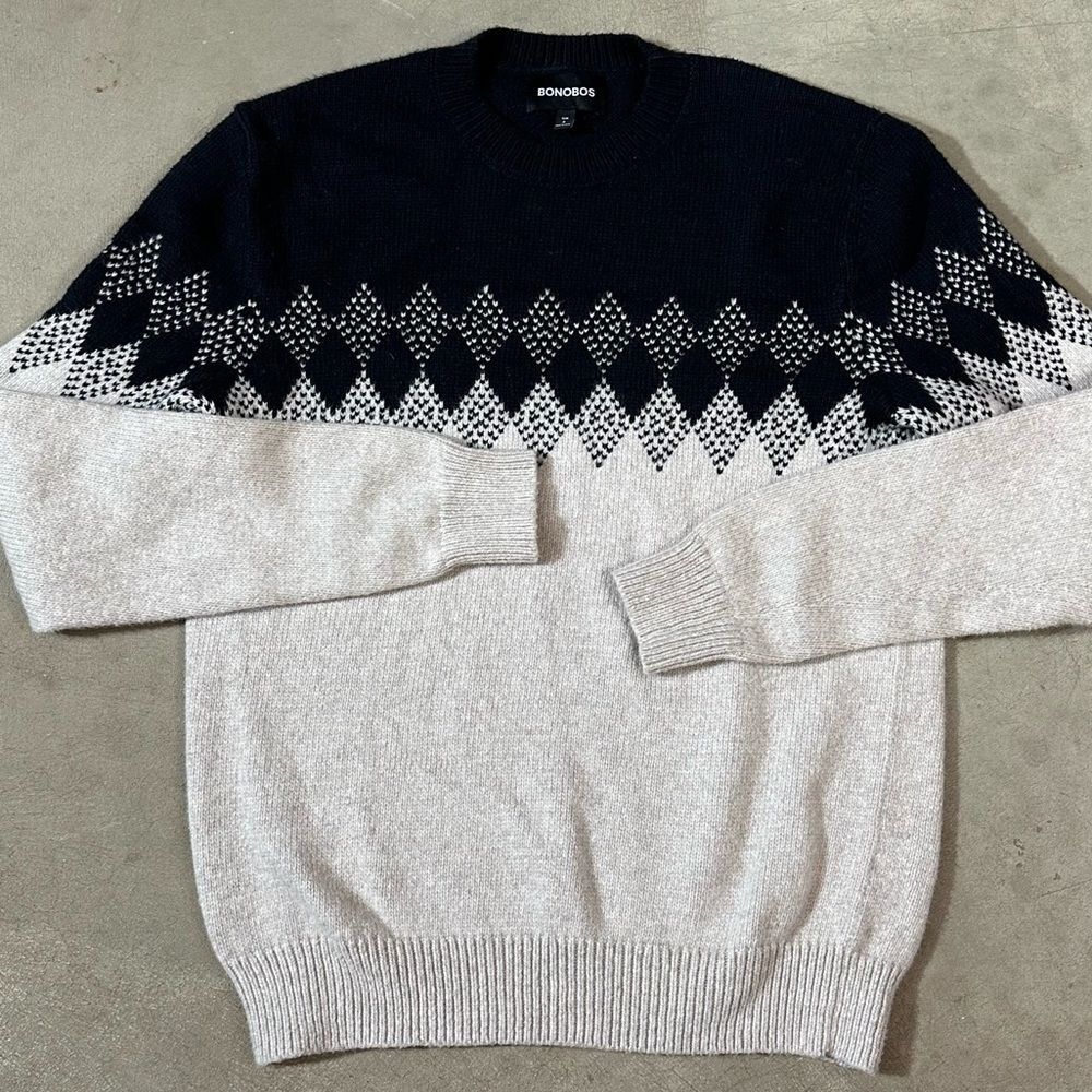 BONOBOS Mens Cotton Crewneck Sweater Black/Cream Fair Isle Size Small